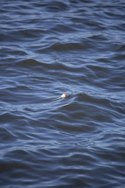 Bobber Pesca Blanco Rojo Flotando Parte Superior Lago — Foto de Stock