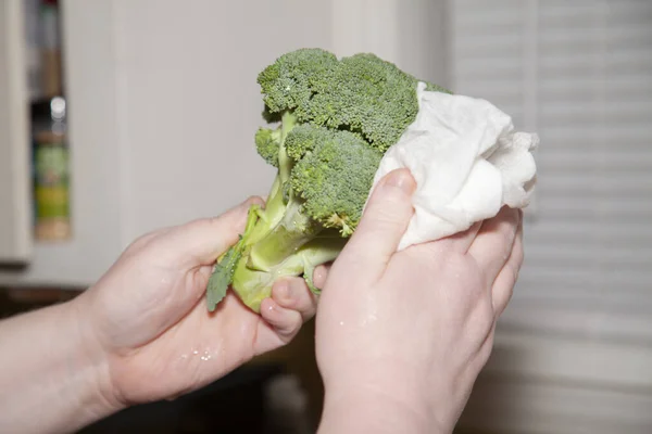 Woman\'s hands wiping down a wet, fresh crown of broccoli with a paper towel