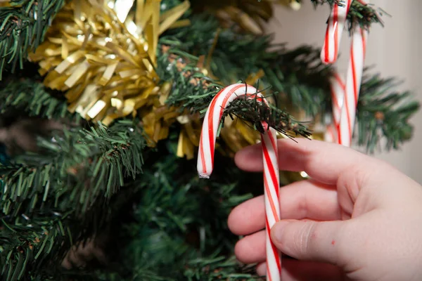 Frau Verziert Künstlichen Weihnachtsbaum Mit Zuckerstangen Über Goldenem Lametta — Stockfoto