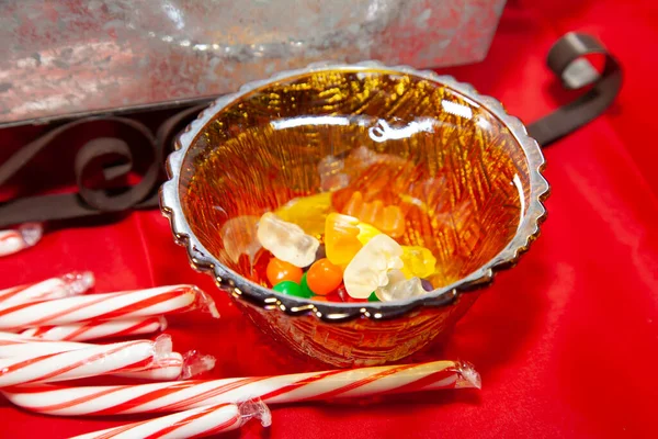 Multicolored Candies Small Candy Bowl Next Candy Canes Tin Sleigh — Stock Photo, Image