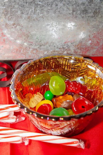 Multicolored Candies Small Bowl Next Candy Canes Red Tabletop Tin — Stock Photo, Image