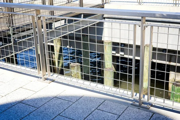 Pier Concrete Walk Metallic Fence Water Old Abandoned Wooden Support — Stock Photo, Image