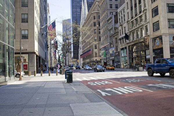 New York, NY, USA - May 26, 2021: Fifth Avenue showing restricted lanes for Bus Only