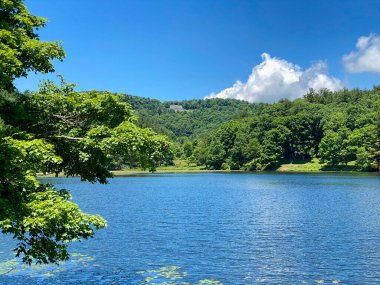 Blowing Rock, NC, ABD - 15 Haziran 2021: Dağlı Bass Gölü 'nün koyu mavi rengi ve Musa Konisi Malikanesi ağaçlarda zar zor görülüyor