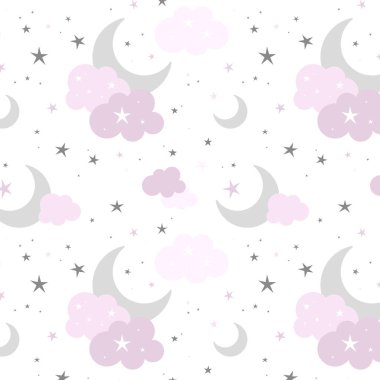 Hilal ay, bulutlar ve yıldızlarla kusursuz desen. Gece, gökyüzü, rüya, uyku düzeni. Vektör çizimi. Çocuksu şirin duvar kâğıdı.