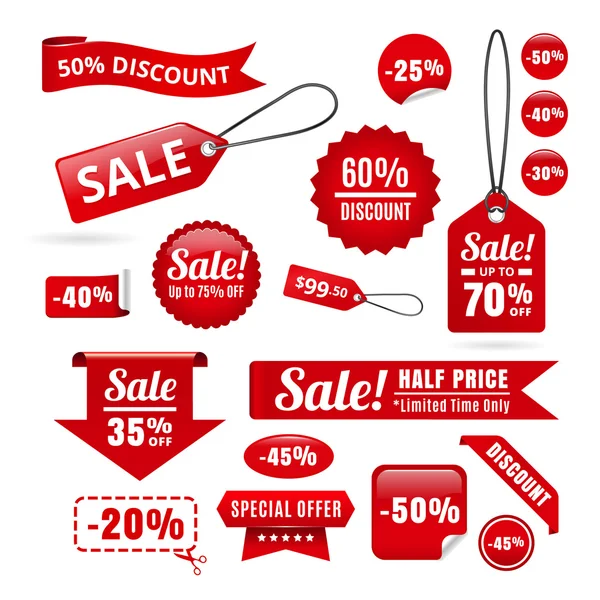 Etiquetas de descuento venta roja, Insignias y cintas — Vector de stock