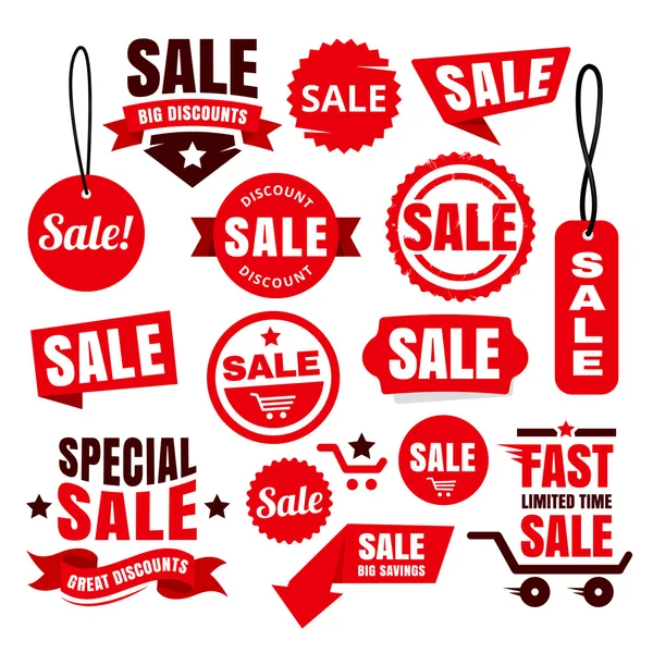 Sconto rosso Vendita Tags, distintivi e nastri — Vettoriale Stock