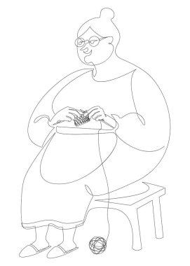 Kadın örgü iğneleri ve ipliklerle örüyor. Bayan bir sandalyede oturuyor. Modern moda tarzında tek satırla çizim. Dekor, poster, çıkartma ve logo için sağlam bir taslak. Vektör illüstrasyonu.