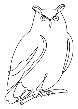 Baykuş bir dalda oturuyor. Modern bir kuş stili. Düz çizgi, dekor taslağı, posterler, çıkartmalar, logo. Vektör illüstrasyonu.