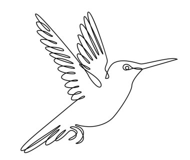 Sinek kuşu uçuyor. Modern bir kuş stili. Düz çizgi, dekor taslağı, posterler, çıkartmalar, logo. Vektör illüstrasyonu.