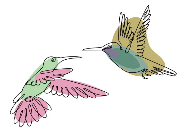 Two hummingbirds are flying. Birds in a modern one line style. Solid line, outline for decor, posters, stickers, logo. Vector illustration.
