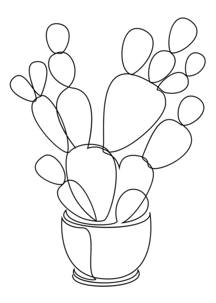 Opuntia cactus. Indoor potted plant in modern trendy single line style. Solid line, outline for decor, posters, stickers, logo. Vector illustration.