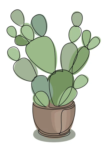 Opuntia cactus. Indoor potted plant in modern trendy single line style. Solid line, outline for decor, posters, stickers, logo. Vector illustration.