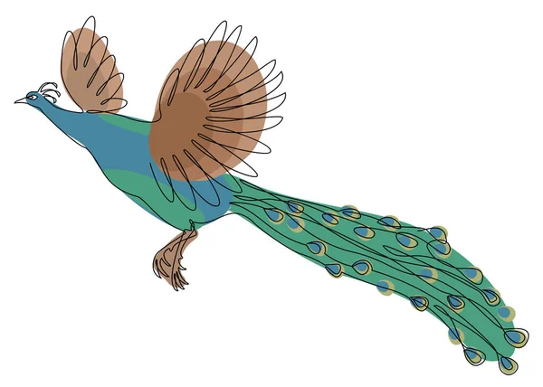 A beautiful peacock is flying. A bird with a lush tail in a modern one-line style. Solid line, outline for decor, posters, stickers, logo. Vector illustration.