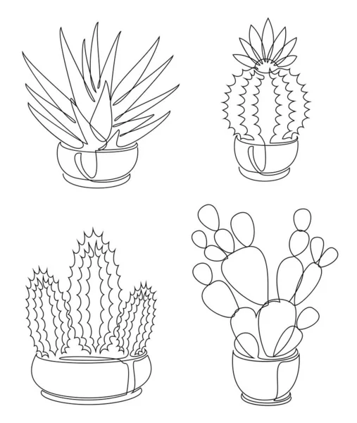 Cactus collection. Indoor potted plant in modern trendy single line style. Solid line, outline for decor, posters, stickers, logo. Vector illustration set.