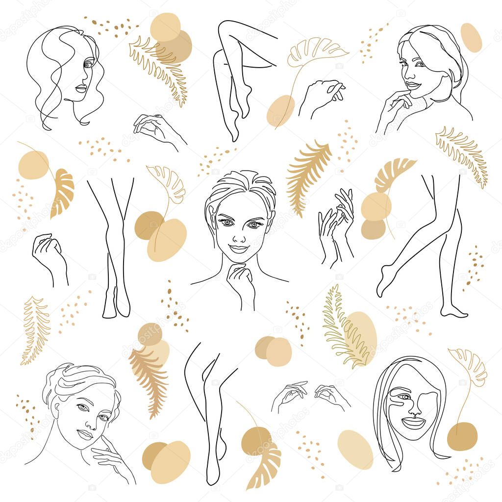 Collection. Silhouette of a lady's face, legs and arms and leaves in a modern one line style. Solid line, outline for decor, posters, stickers, logo. Set of vector illustrations.