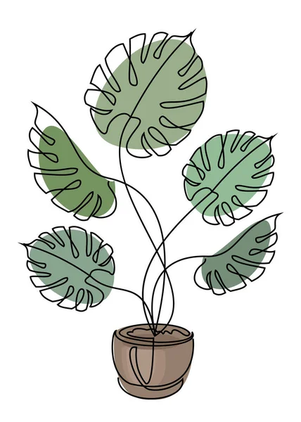Potted monstera flower branch in modern style in one line style. Continuous line drawing, outline for home decor, posters, wall art, stickers. Floral logo, icon vector illustration.