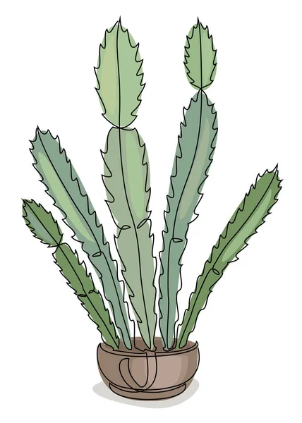 Cactus three-stem. Indoor potted plant in modern trendy single line style. Solid line, outline for decor, posters, stickers, logo. Vector illustration.