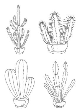 Kaktüs koleksiyonu. Modern moda tek sıra şeklinde kapalı saksı bitkisi. Düz çizgi, dekor taslağı, posterler, çıkartmalar, logo. Vektör illüstrasyonu.