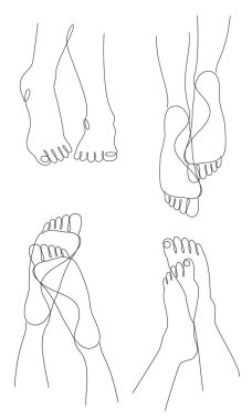 Tahsilat. İnsan bacakları siluetleri, modern bir tek sıra şeklinde ayaklar. Devamlı çizgi çizimi, ev dekorasyonu için estetik taslak posterler, duvar resimleri, çıkartmalar, logolar. Vektör illüstrasyonu.