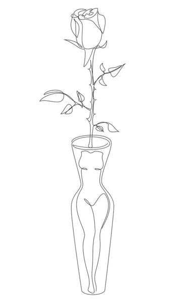 バラの花 現代的な1行のスタイルで花瓶の形で女性の姿のシルエット ソリッドライン ポスター ステッカー ロゴのための美的アウトライン ベクターイラスト — ストック写真
