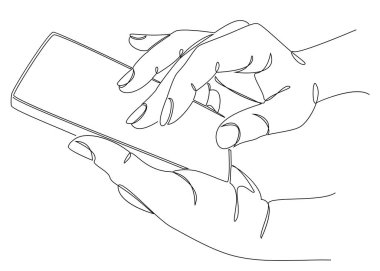 İnsan eli siluetleri ve modern bir telefon tarzı. Devamlı çizgi çizimi, ev dekorasyonu için estetik taslak posterler, duvar resimleri, çıkartmalar, logolar. Vektör illüstrasyonu.