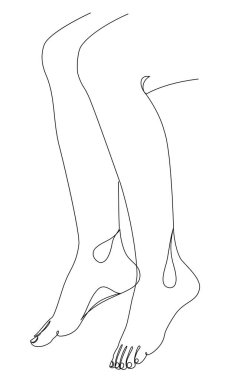 İnsan bacakları siluetleri, modern tek sıra şeklinde ayak. Devamlı çizgi çizimi, ev dekorasyonu için estetik taslak posterler, duvar resimleri, çıkartmalar, logolar. Vektör illüstrasyonu.