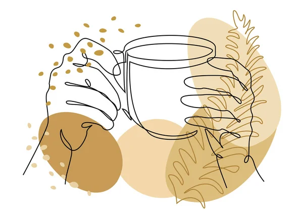 Silhouet Van Mannelijke Handen Met Een Kopje Koffie Thee Plantenbladeren — Stockfoto