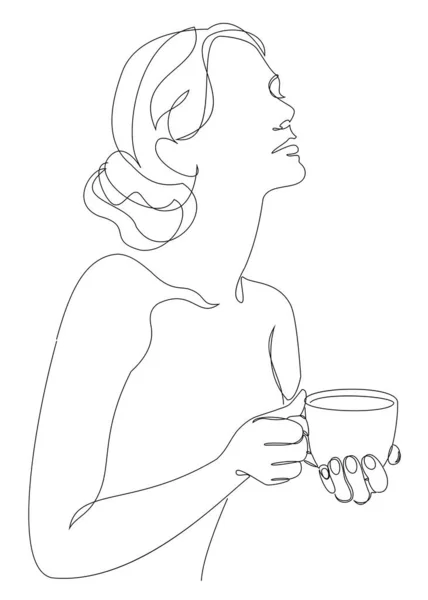 女性のシルエット 彼女は現代的な1行のスタイルでコーヒー 紅茶のカップを保持している 家の装飾 ポスター ステッカー ロゴのための固体ライン 美的アウトライン ベクターイラスト — ストック写真