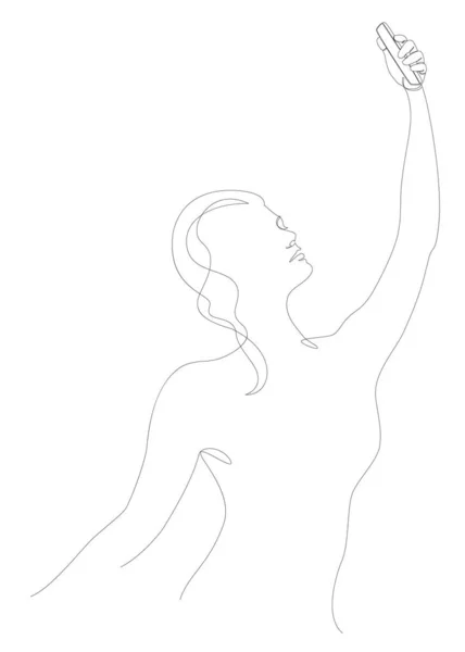 女性のシルエット 彼女は現代的なシングルラインスタイルで自撮りを取ります 家の装飾 ポスター ステッカー ロゴのための固体ライン 美的アウトライン ベクターイラスト — ストック写真