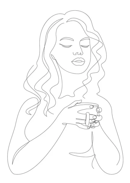 Silhouettes of a lady, she is holding a cup of coffee, tea in a modern one-line style. Solid line, aesthetic outline for home decor, posters, stickers, logo. Vector illustration.