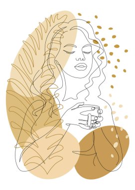 Silhouettes of a lady, she is holding a cup of coffee, tea and plant leaves in a modern one-line style. Solid line, aesthetic outline for home decor, posters, stickers, logo. Vector illustration. clipart
