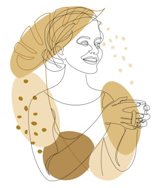 Silhouettes of a lady, she is holding a cup of coffee, tea and plant leaves in a modern one-line style. Solid line, aesthetic outline for home decor, posters, stickers, logo. Vector illustration.