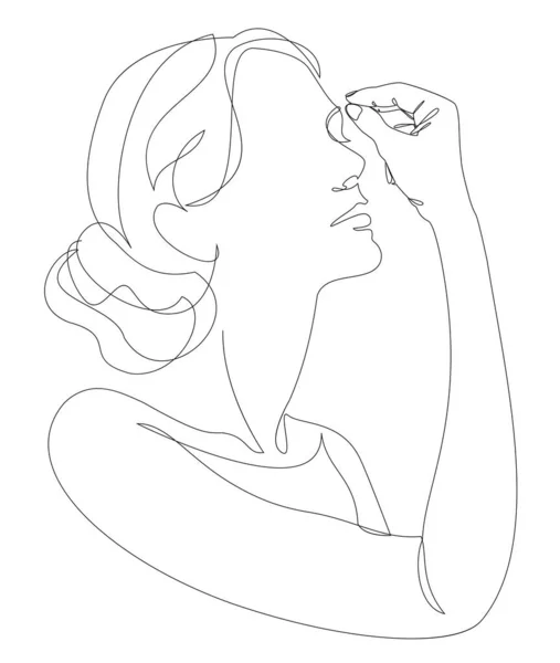 Silhouettes of lady, woman crosses her forehead in modern one line style. Continuous line drawing, aesthetic outline for home decor, posters, wall art, stickers, logo. Vector illustration.