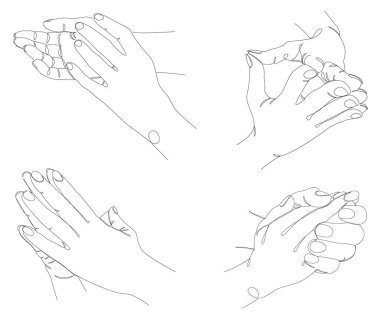 Tahsilat. İnsan avuçlarının siluetleri modern tek sıra şeklinde. Ellerini çırpın, örgü örün, tığ işi yapın. Düz çizgi, dekor için estetik taslak posterler, çıkartmalar, logolar. Vektör çizimleri kümesi.