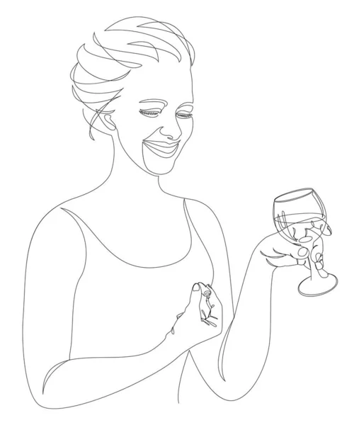 女性のシルエット 現代的な1行のスタイルでワインのガラスを持つ少女 連続線画 家の装飾 ポスター 壁の芸術 ステッカー ロゴのための審美的なアウトライン ベクターイラスト — ストック写真