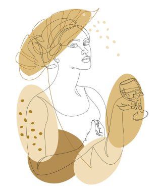 Bir hanımefendinin silüeti. Bir bardak şaraplı bir kız modern tek sıra şeklinde ve bitki yapraklarıyla. Devamlı çizimler, dekor çizimleri, posterler, duvar resimleri, çıkartmalar, logolar. Vektör illüstrasyonu.