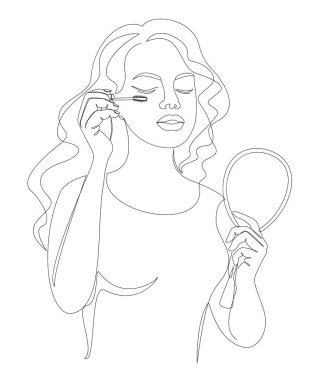 Bir hanımefendinin silüeti. Bir kadın makyaj yapar, kirpiklerini modern tarzda boyar, tek bir çizgi ve gider. Dekor çizimleri, posterler, çıkartmalar, logolar. Vektör illüstrasyonu.