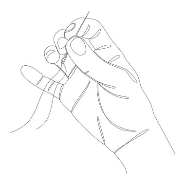 Bir insan elinin siluetleri iğne ve iplikle modern bir şekilde dikilir. Devamlı çizimler, dekor çizimleri, posterler, duvar resimleri, çıkartmalar, logolar. Vektör illüstrasyonu.