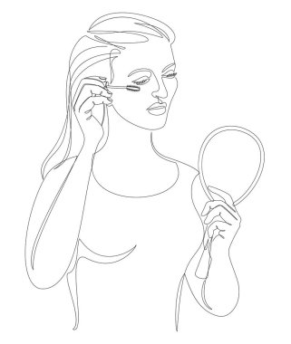 Bir hanımefendinin silüeti. Bir kadın makyaj yapar, kirpiklerini modern tarzda boyar, tek bir çizgi ve gider. Dekor çizimleri, posterler, çıkartmalar, logolar. Vektör illüstrasyonu.