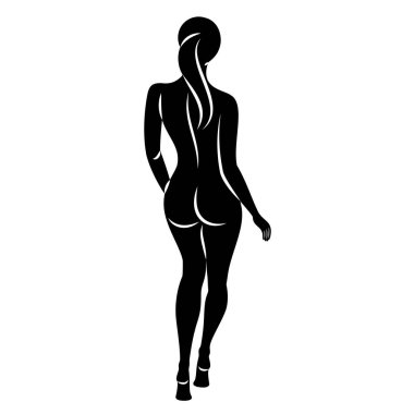 Hoş bir bayanın silueti, ayakta duruyor. Kızın güzel bir çıplak vücudu var. Kadın genç, seksi ve ince bir model. Vektör illüstrasyonu