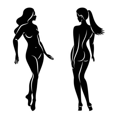 Hoş bir bayanın silueti, ayakta duruyor. Kızın güzel bir çıplak vücudu var. Kadın genç, seksi ve ince bir model. Vektör illüstrasyonu.