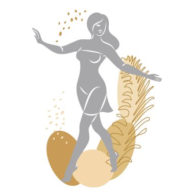 Tatlı bir bayanın silueti ve bir bitkinin yaprakları. Kız ayakta duruyor. Kadının güzel bir vücudu var. O genç ve zayıf. Vektör illüstrasyonu