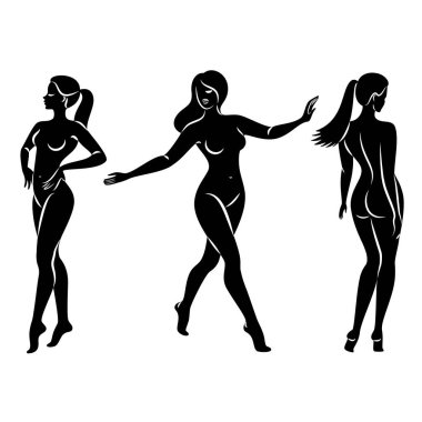 Hoş bir bayanın silueti, ayakta duruyor. Kızın güzel bir çıplak vücudu var. Kadın genç, seksi ve ince bir model. Vektör illüstrasyonu.