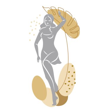 Tatlı bir bayanın silueti ve bir bitkinin yaprakları. Kız ayakta duruyor. Kadının güzel bir vücudu var. O genç ve zayıf. Vektör illüstrasyonu