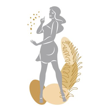 Tatlı bir bayanın silueti ve bir bitkinin yaprakları. Kız ayakta duruyor. Kadının güzel bir vücudu var. O genç ve zayıf. Vektör illüstrasyonu