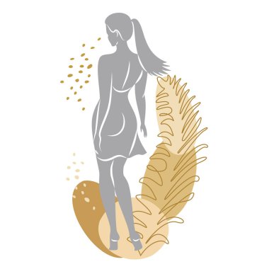 Tatlı bir bayanın silueti ve bir bitkinin yaprakları. Kız ayakta duruyor. Kadının güzel bir vücudu var. O genç ve zayıf. Vektör illüstrasyonu