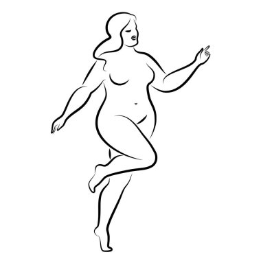 İnce, çıplak bir kadının silueti. Kız ayakta duruyor, aşırı kilolu. Güzellik ve cinsellik dolu bir kadın. Vektör illüstrasyonu