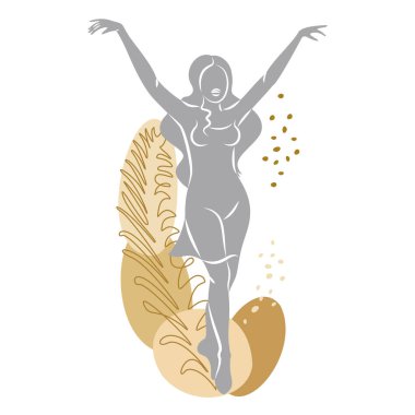 Tatlı bir bayanın silueti ve bir bitkinin yaprakları. Kız ayakta duruyor. Kadının güzel bir vücudu var. O genç ve zayıf. Vektör illüstrasyonu