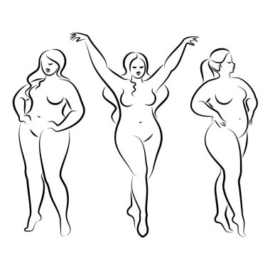 Tahsilat. İnce, çıplak bir kadının silueti. Kız ayakta duruyor, aşırı kilolu. Güzellik ve cinsellik dolu bir kadın. Vektör illüstrasyonu